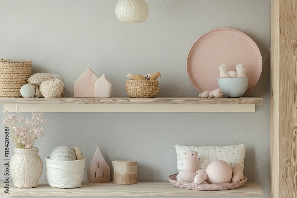 Poster soft pastel colors create calming display of decorative items on