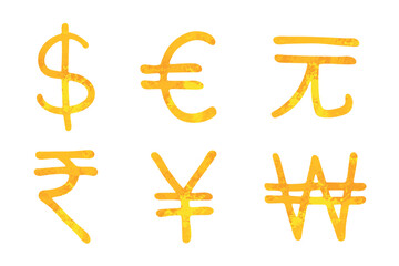 Obraz premium Hand drawn multiple gold currencies symbol set Dollar euro yuan yen won rupee