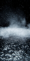 A dark background sets the stage for an atmospheric stock photo, featuring an empty floor immersed in icy silver and shimmering metallic gray fog, providing a modern, futuristic aesthetic.