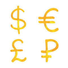 Hand drawn multiple gold currencies symbol set Dollar euro pound ruble