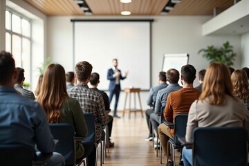 Professional Business Conference with Engaged Audience in a Modern Meeting Room during Presentation