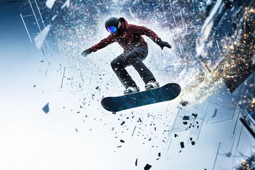 Naklejka premium Dynamic snowboarder leaps through shattered digital landscape, d
