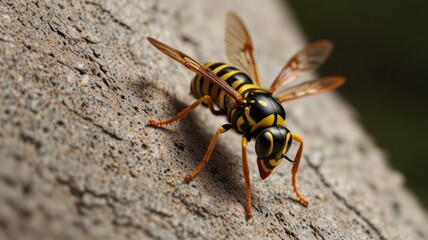 Close-up of a wasp on tree bark.