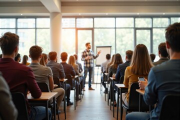 Professional Business Conference with Engaged Audience in a Modern Meeting Room during Presentation