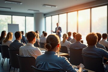 Professional Business Conference with Engaged Audience in a Modern Meeting Room during Presentation