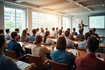 Professional Business Conference with Engaged Audience in a Modern Meeting Room during Presentation