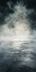 Naklejka premium A dark background sets the stage for an atmospheric stock photo, featuring an empty floor immersed in icy silver and shimmering metallic gray fog, providing a modern, futuristic aesthetic.