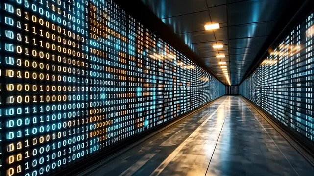 Futuristic Digital Corridor with Glowing Binary Code Technology Creating Immersive Experience