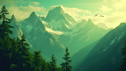 Fototapeta premium Serene Green Mountain Peaks, Breathtaking Scenic View of Majestic Alpine Landscape, Travel Inspiration