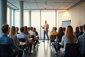 Obraz premium Professional Business Conference with Engaged Audience in a Modern Meeting Room during Presentation