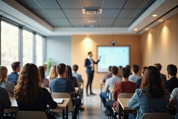 Professional Business Conference with Engaged Audience in a Modern Meeting Room during Presentation