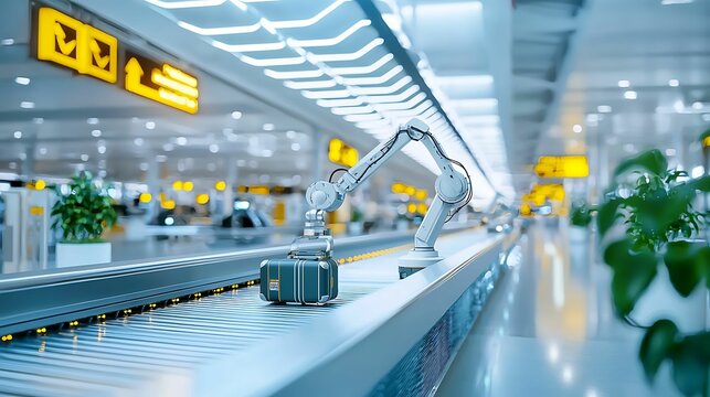 conveyor belt airport luggage technology. A modern airport scene featuring a robotic arm on a conveyor belt, showcasing automation in baggage handling and travel efficiency.