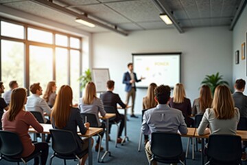 Professional Business Conference with Engaged Audience in a Modern Meeting Room during Presentation