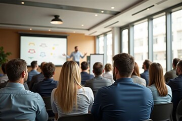 Fototapeta premium Professional Business Conference with Engaged Audience in a Modern Meeting Room during Presentation