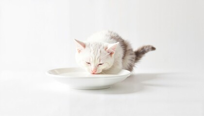White kitten drinking milk from bowl on clean white background