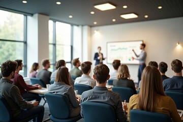 Professional Business Conference with Engaged Audience in a Modern Meeting Room during Presentation
