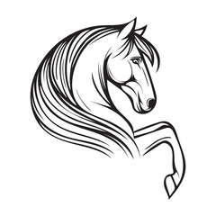 Simple black and white vector of a pony horse's head with a flowing mane, minimal out lines and silhouette illustration. Ideal for logos, tattoos, shirts, or as an elegant equestrian abstract symbol 