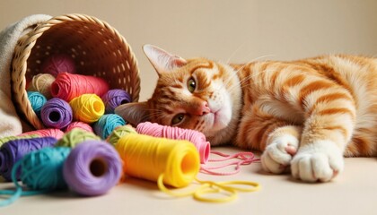  Ginger cat resting with colorful thread spools in relaxed pose