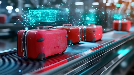 conveyor belt airport luggage technology. A modern baggage claim scene featuring red suitcases on a conveyor belt, enhanced with digital technology and futuristic holographic displays.