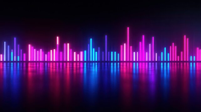 Neon pink and blue light bars reflecting on a dark surface, resembling a sound wave or equalizer.