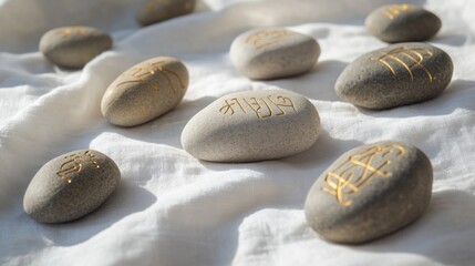 Smooth stones with golden inscriptions arranged artistically on