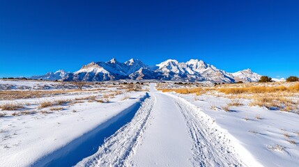 Snowy Mountain Landscape with Clear Blue Sky and Dirt Road
