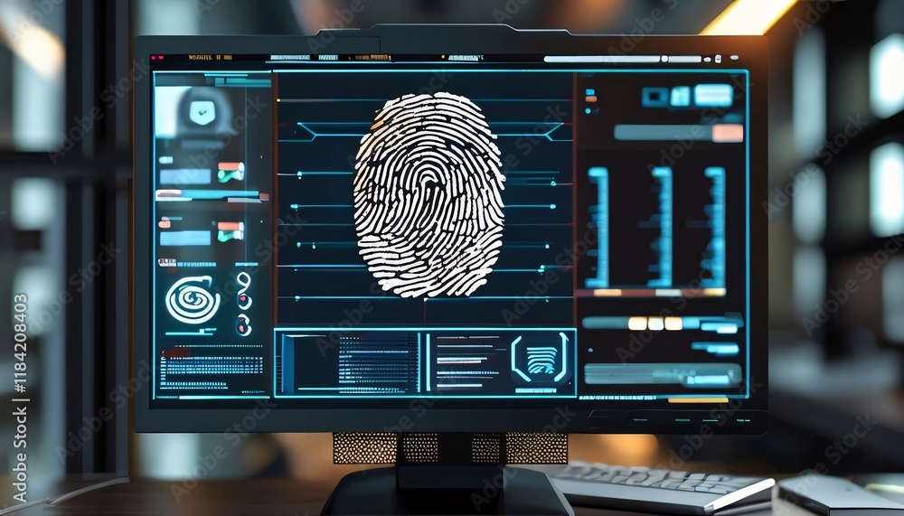 Poster fingerprint scan on office monitor, security system.