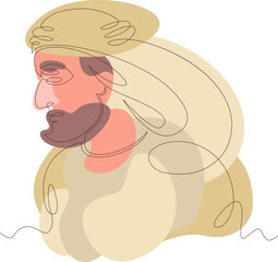 One continuous line drawing.Portrait of an Arab man. Muslim. Arab businessman with keffiyeh and thob. Vector doodle illustration