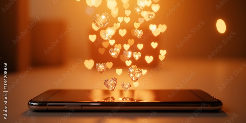 Poster digital hearts overflow: glowing love symbols descend onto a sleek smartphone, illuminating the scre
