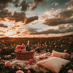 Obraz premium romantic picnic setup with champagne, roses, and sunset view