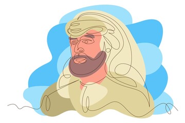 One continuous line drawing.Portrait of an Arab man. Muslim. Arab businessman with keffiyeh and thob. Vector doodle illustration