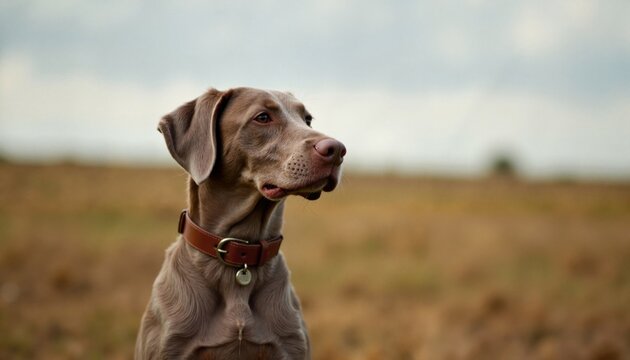 Weimaraner dog sitting in field under cloudy sky