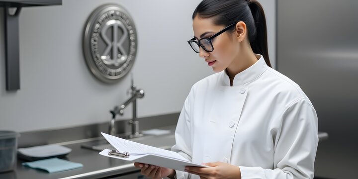 Focused Chef meticulously reviews recipes; culinary precision and dedication shine through in this moment of intense concentration.