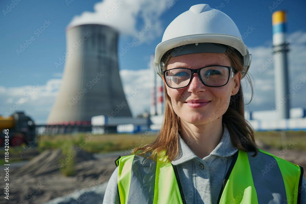 Poster engineer against of a nuclear reactor turbine in industrial setting generative ai