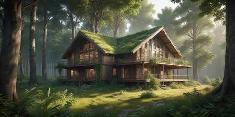 Wooden house hidden behind dense foliage of trees in a forest clearing, secluded, hideout, trees