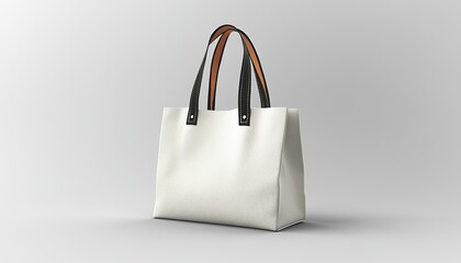 White tote bag with black and brown handles on white background