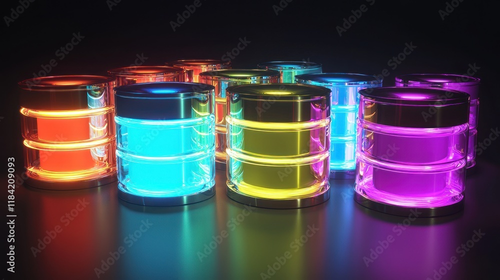Poster luminous data storage: a vibrant array of glowing data cylinders illuminate the scene, showcasing cu