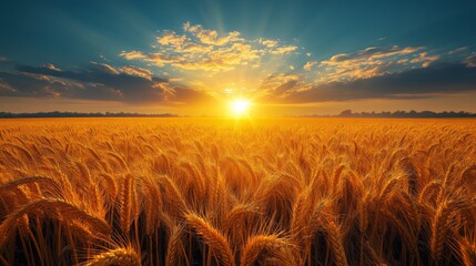 A golden wheat field bathed in sunset light, the sky radiating vibrant hues, capturing the essence of abundance and tranquility in a stunning scene.