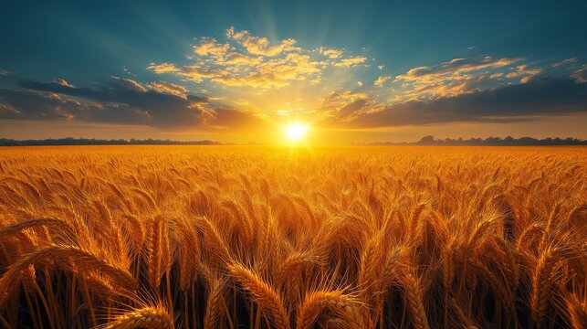 A golden wheat field bathed in sunset light, the sky radiating vibrant hues, capturing the essence of abundance and tranquility in a stunning scene. - Powered by Adobe