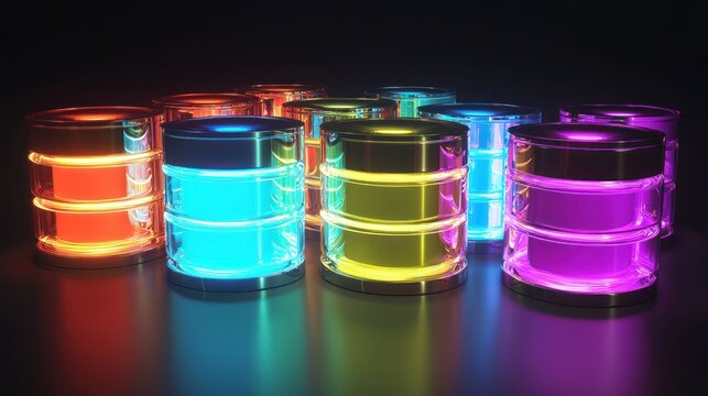 Luminous Data Storage: A vibrant array of glowing data cylinders illuminate the scene, showcasing cutting-edge technology.