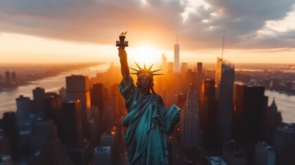 Obraz premium Lady Liberty's majestic silhouette at sunset, overlooking a vibrant cityscape.