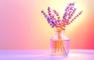 Lavender Essence: A delicate bouquet of lavender blossoms rests in a vintage glass bottle, bathed in a soft, ethereal glow of pastel hues, capturing the essence of tranquility and natural beauty.