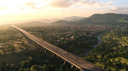 Obraz premium An overhead image of a freeway bridge that connects towns at nightfall, spanning a valley with green hills and forests, as part of infrastructural expansion. 