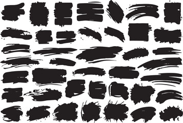 "Variegated Grunge Brush Strokes Collection on White Background. An assorted assortment of black grunge brush strokes perfect for textured designs and artistic graphics, isolated on white. Vector brus