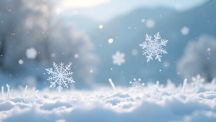 Naklejka premium Intricate 6-Armed Snowflakes Falling on Pristine Winter Landscape - AI Generated Image