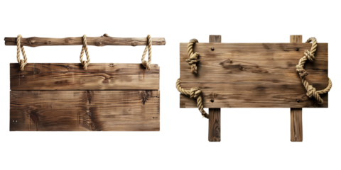 Two rustic wooden signs with rope accents, showcasing a weathered texture and natural finish, ideal for directional or decorative purposes.