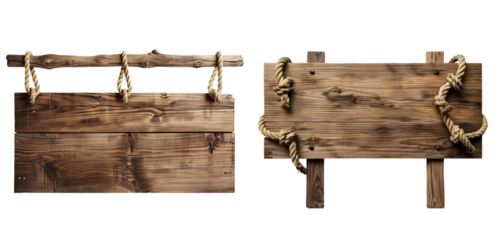 Two rustic wooden signs with rope accents, showcasing a weathered texture and natural finish, ideal for directional or decorative purposes.