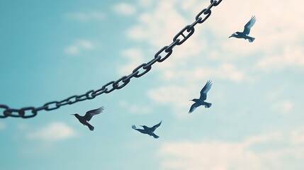 Chains Transforming into Birds in Flight, Representing Freedom and Liberation Against a Blue Sky Background with Soft Clouds