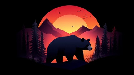 Silhouette of a bear at sunset in a mountain landscape.  Dark, moody, and serene.