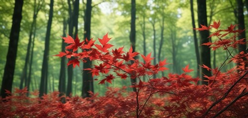 Crimson red maple leaves against a green forest background , tree, outdoor, red